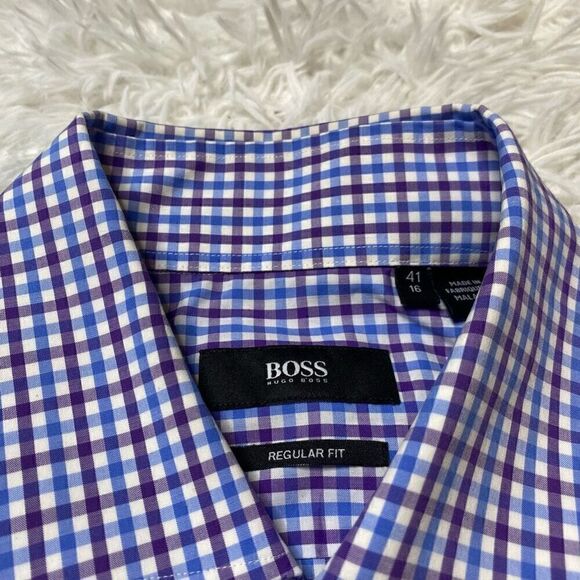 Hugo Boss Blue Checkered Mens Dress Shirt Size 16 / 41 Formal Button Down - Picture 3 of 9